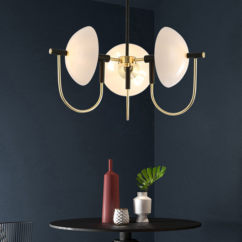 Opal Glass Dome Chandelier Lighting Modernism 3/6 Heads Ceiling Pendant Light in Black and Gold Clearhalo 'Ceiling Lights' 'Chandeliers' 'Glass shade' 'Glass' 'Modern Chandeliers' 'Modern' Lighting' 303904