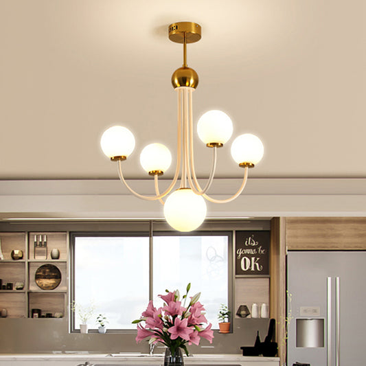 White Glass Spherical Ceiling Chandelier Contemporary 5/7 Bulbs Hanging Light Fixture in Gold 5 Gold Clearhalo 'Ceiling Lights' 'Chandeliers' 'Glass shade' 'Glass' 'Island Lights' 'Modern Chandeliers' 'Modern' Lighting' 303917
