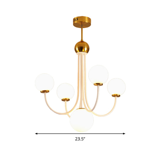 White Glass Spherical Ceiling Chandelier Contemporary 5/7 Bulbs Hanging Light Fixture in Gold Clearhalo 'Ceiling Lights' 'Chandeliers' 'Glass shade' 'Glass' 'Island Lights' 'Modern Chandeliers' 'Modern' Lighting' 303920