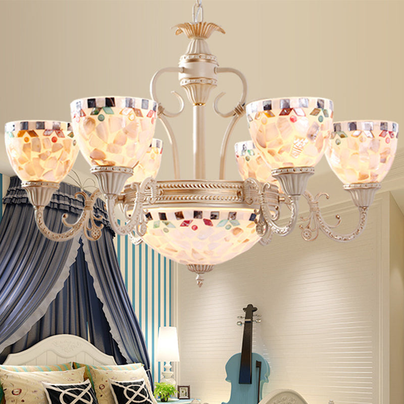 Shell Dome Chandelier Pendant Light Mediterranean 5/9/11 Lights White Ceiling Suspension Lamp Clearhalo 'Ceiling Lights' 'Chandeliers' 'Industrial' 'Middle Century Chandeliers' 'Tiffany Chandeliers' 'Tiffany close to ceiling' 'Tiffany' Lighting' 303929
