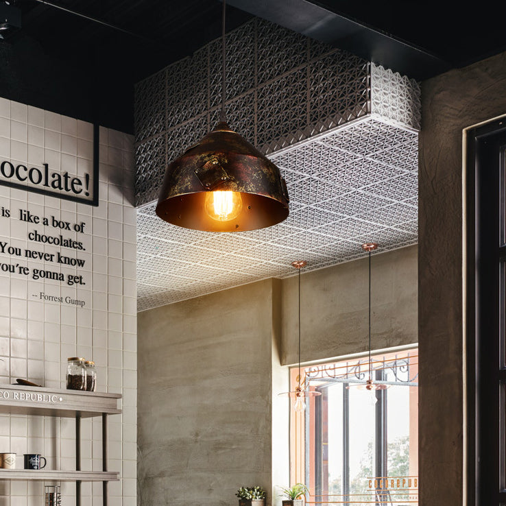 Rustic Stylish Tapered Hanging Lamp 8.5"/9" Wide 1 Light Wrought Iron Pendant Light with Patch Design in Rust Clearhalo 'Art Deco Pendants' 'Cast Iron' 'Ceiling Lights' 'Ceramic' 'Crystal' 'Industrial Pendants' 'Industrial' 'Metal' 'Middle Century Pendants' 'Pendant Lights' 'Pendants' 'Tiffany' Lighting' 30516