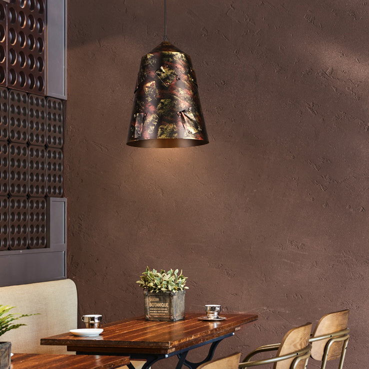 Rustic Stylish Tapered Hanging Lamp 8.5"/9" Wide 1 Light Wrought Iron Pendant Light with Patch Design in Rust Clearhalo 'Art Deco Pendants' 'Cast Iron' 'Ceiling Lights' 'Ceramic' 'Crystal' 'Industrial Pendants' 'Industrial' 'Metal' 'Middle Century Pendants' 'Pendant Lights' 'Pendants' 'Tiffany' Lighting' 30518