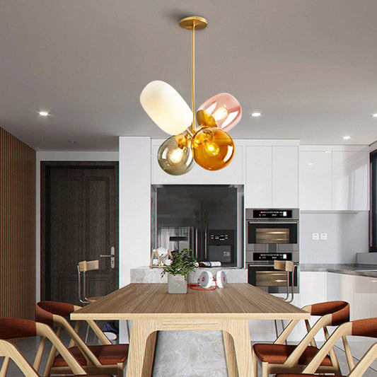 Contemporary Spherical Amber-Smoke-Pink Glass Ceiling Chandelier 4 Lights Hanging Light Kit in Brass Clearhalo 'Ceiling Lights' 'Chandeliers' 'Glass shade' 'Glass' 'Island Lights' 'Modern Chandeliers' 'Modern' Lighting' 311125