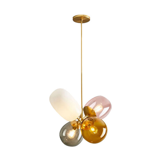Contemporary Spherical Amber-Smoke-Pink Glass Ceiling Chandelier 4 Lights Hanging Light Kit in Brass Clearhalo 'Ceiling Lights' 'Chandeliers' 'Glass shade' 'Glass' 'Island Lights' 'Modern Chandeliers' 'Modern' Lighting' 311126