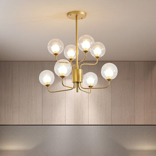 Spherical Bedroom Semi Flush Lighting Clear Glass 8 Lights Minimalist Close to Ceiling Lamp in Black/Gold Gold Clearhalo 'Ceiling Lights' 'Chandeliers' 'Close To Ceiling Lights' 'Close to ceiling' 'Glass shade' 'Glass' 'Semi-flushmount' Lighting' 311182