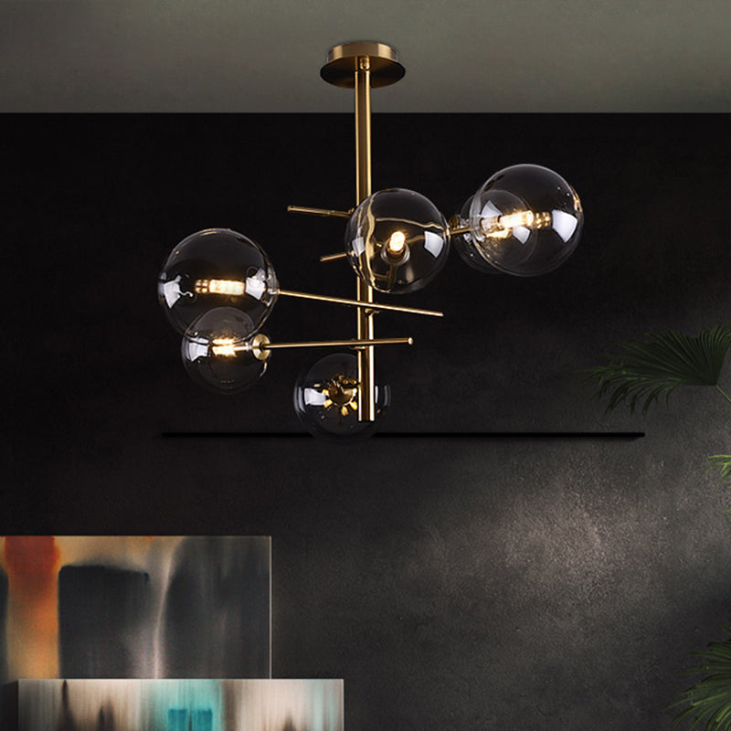 Smoke Gray Glass Semi Flush Light Globe Shaped Minimalist 6/9 Lights Semi Flush Mount in Brass 6 Brass Clearhalo 'Ceiling Lights' 'Close To Ceiling Lights' 'Close to ceiling' 'Glass shade' 'Glass' 'Semi-flushmount' Lighting' 311215