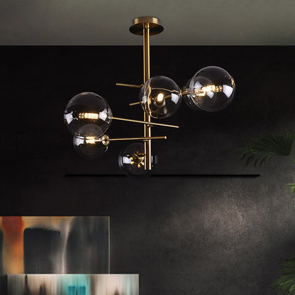 Smoke Gray Glass Semi Flush Light Globe Shaped Minimalist 6/9 Lights Semi Flush Mount in Brass 6 Brass Clearhalo 'Ceiling Lights' 'Close To Ceiling Lights' 'Close to ceiling' 'Glass shade' 'Glass' 'Semi-flushmount' Lighting' 311215
