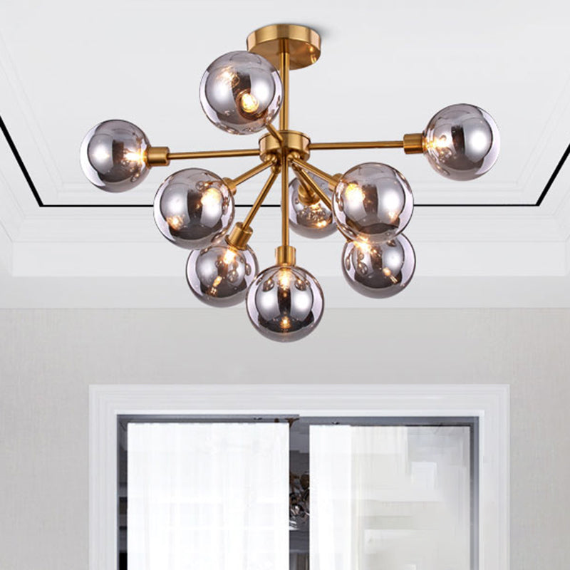 Brass Spherical Semi Flush Mount Minimalist 7/9/10 Lights White/Smoke Gray Glass Semi Flush Chandelier 9 Smoke Gray Clearhalo 'Ceiling Lights' 'Chandeliers' 'Close To Ceiling Lights' 'Close to ceiling' 'Glass shade' 'Glass' 'Semi-flushmount' Lighting' 311221
