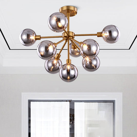 Brass Spherical Semi Flush Mount Minimalist 7/9/10 Lights White/Smoke Gray Glass Semi Flush Chandelier 9 Smoke Gray Clearhalo 'Ceiling Lights' 'Chandeliers' 'Close To Ceiling Lights' 'Close to ceiling' 'Glass shade' 'Glass' 'Semi-flushmount' Lighting' 311221