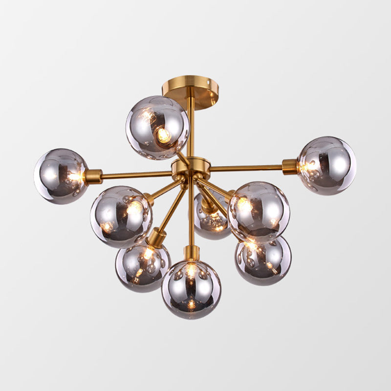 Brass Spherical Semi Flush Mount Minimalist 7/9/10 Lights White/Smoke Gray Glass Semi Flush Chandelier Clearhalo 'Ceiling Lights' 'Chandeliers' 'Close To Ceiling Lights' 'Close to ceiling' 'Glass shade' 'Glass' 'Semi-flushmount' Lighting' 311222