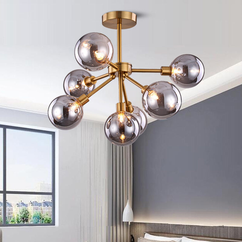 Brass Spherical Semi Flush Mount Minimalist 7/9/10 Lights White/Smoke Gray Glass Semi Flush Chandelier 7 Smoke Gray Clearhalo 'Ceiling Lights' 'Chandeliers' 'Close To Ceiling Lights' 'Close to ceiling' 'Glass shade' 'Glass' 'Semi-flushmount' Lighting' 311223