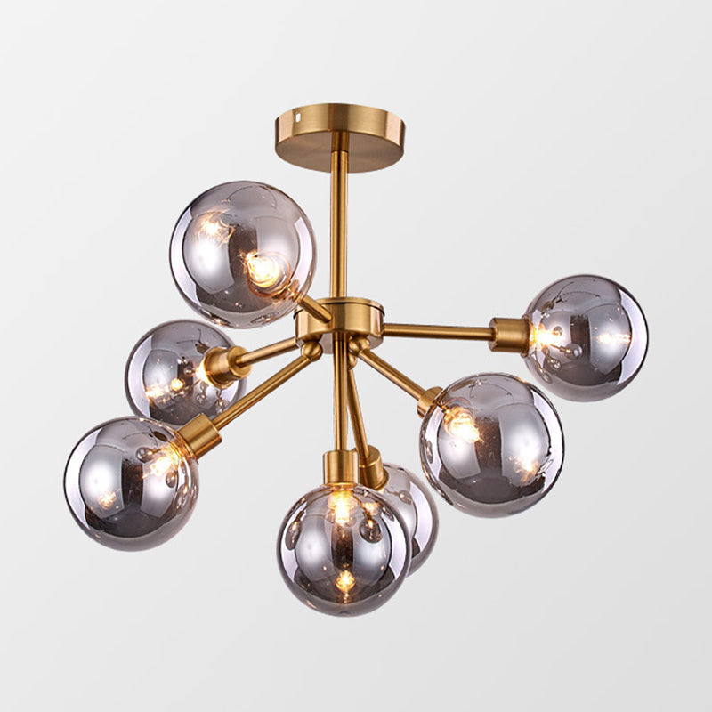 Brass Spherical Semi Flush Mount Minimalist 7/9/10 Lights White/Smoke Gray Glass Semi Flush Chandelier Clearhalo 'Ceiling Lights' 'Chandeliers' 'Close To Ceiling Lights' 'Close to ceiling' 'Glass shade' 'Glass' 'Semi-flushmount' Lighting' 311224