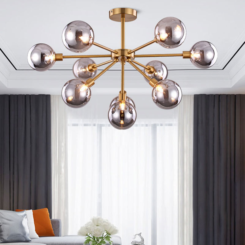 Brass Spherical Semi Flush Mount Minimalist 7/9/10 Lights White/Smoke Gray Glass Semi Flush Chandelier 10 Smoke Gray Clearhalo 'Ceiling Lights' 'Chandeliers' 'Close To Ceiling Lights' 'Close to ceiling' 'Glass shade' 'Glass' 'Semi-flushmount' Lighting' 311225