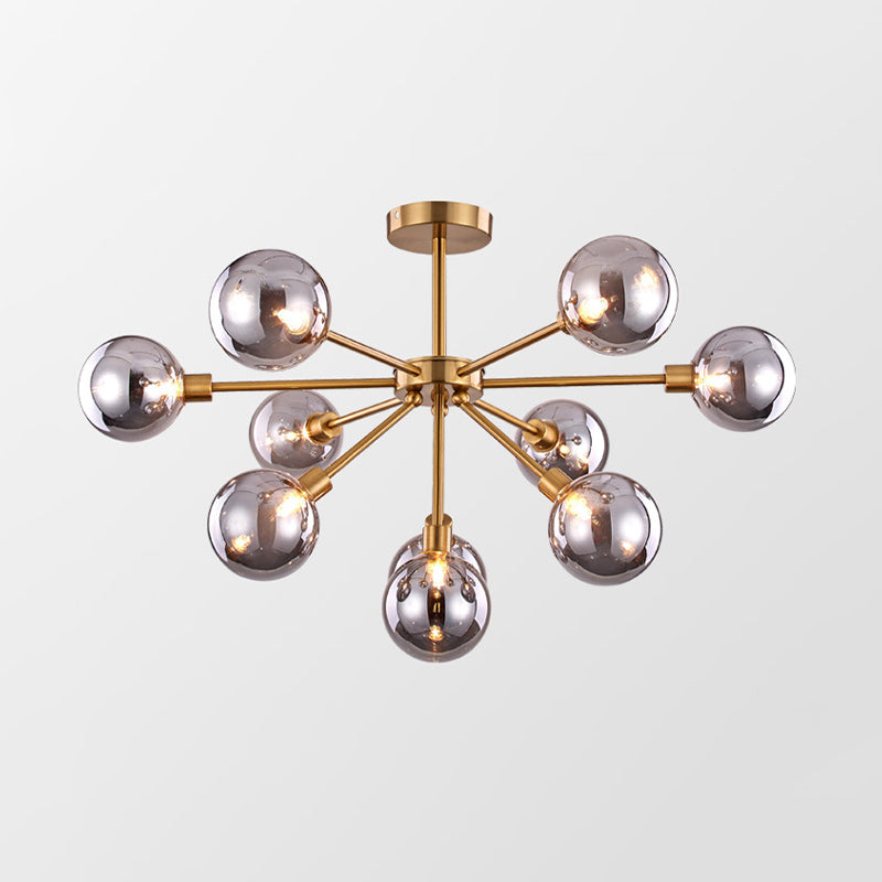 Brass Spherical Semi Flush Mount Minimalist 7/9/10 Lights White/Smoke Gray Glass Semi Flush Chandelier Clearhalo 'Ceiling Lights' 'Chandeliers' 'Close To Ceiling Lights' 'Close to ceiling' 'Glass shade' 'Glass' 'Semi-flushmount' Lighting' 311226