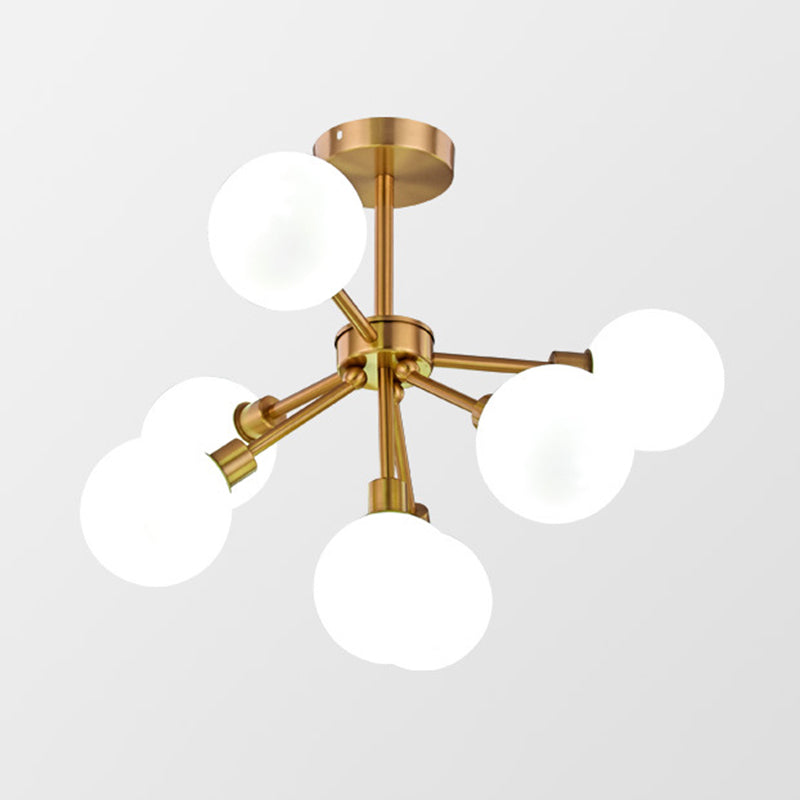 Brass Spherical Semi Flush Mount Minimalist 7/9/10 Lights White/Smoke Gray Glass Semi Flush Chandelier 7 White Clearhalo 'Ceiling Lights' 'Chandeliers' 'Close To Ceiling Lights' 'Close to ceiling' 'Glass shade' 'Glass' 'Semi-flushmount' Lighting' 311227