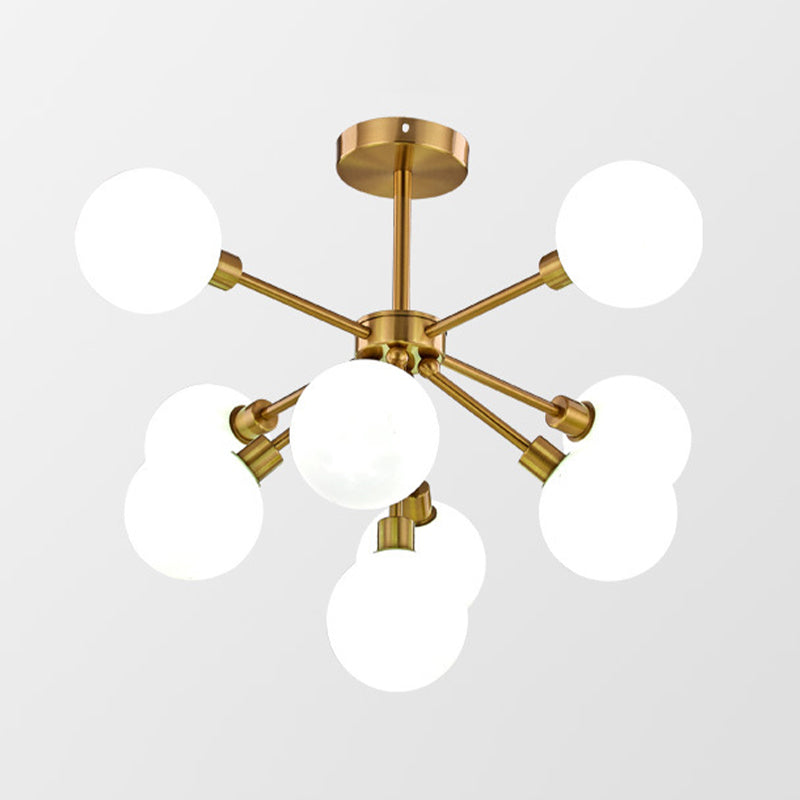 Brass Spherical Semi Flush Mount Minimalist 7/9/10 Lights White/Smoke Gray Glass Semi Flush Chandelier 9 White Clearhalo 'Ceiling Lights' 'Chandeliers' 'Close To Ceiling Lights' 'Close to ceiling' 'Glass shade' 'Glass' 'Semi-flushmount' Lighting' 311228