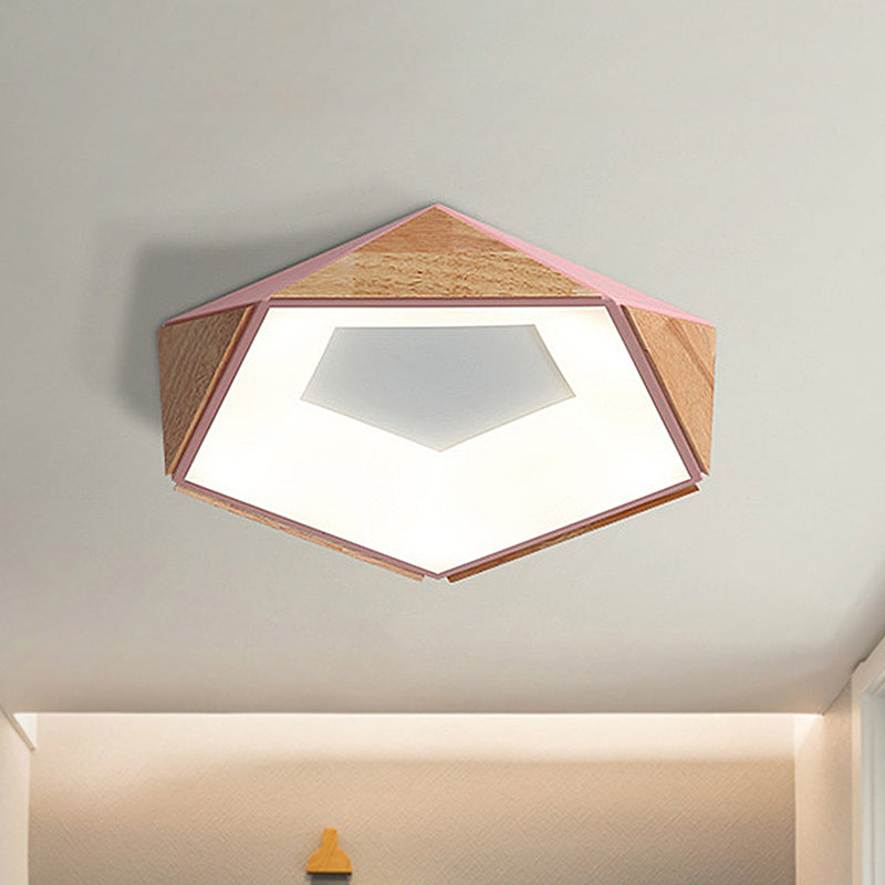 18"/21.5" W Pentagon LED Ceiling Lamp Kit Nordic Style Natural Wood Grey/White/Pink Flushmount in Warm/White Light Pink Clearhalo 'Ceiling Lights' 'Close To Ceiling Lights' 'Close to ceiling' 'Flush mount' Lighting' 311416