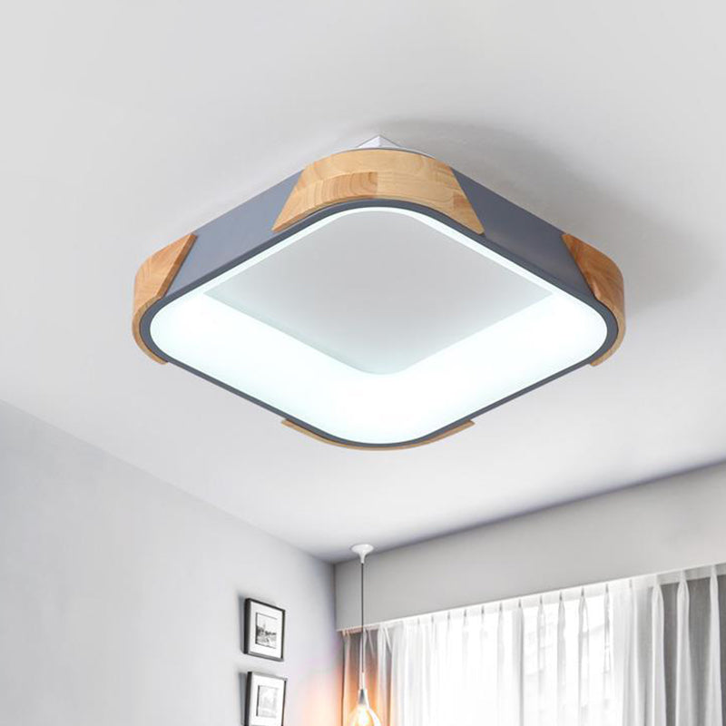 Macaron Square Flush Light Grey/White/Pink Wood LED Ceiling Light Fixture in Warm/White Light, 14"/18"/24" Wide Clearhalo 'Ceiling Lights' 'Close To Ceiling Lights' 'Close to ceiling' 'Flush mount' Lighting' 311723