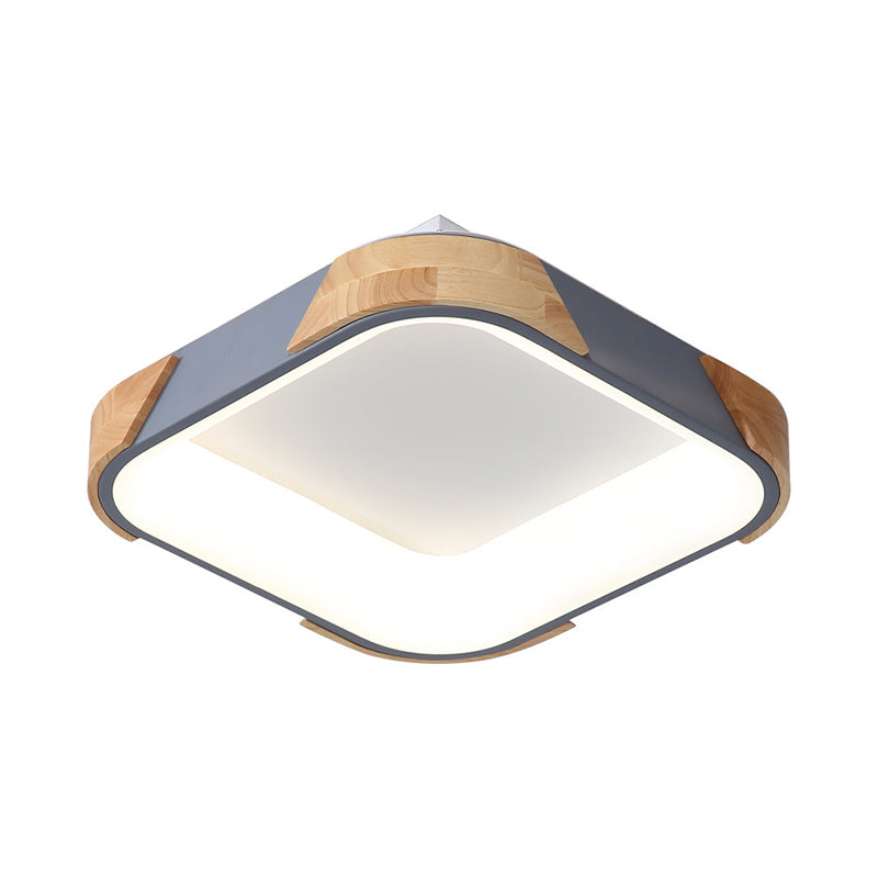 Macaron Square Flush Light Grey/White/Pink Wood LED Ceiling Light Fixture in Warm/White Light, 14"/18"/24" Wide Grey Warm Clearhalo 'Ceiling Lights' 'Close To Ceiling Lights' 'Close to ceiling' 'Flush mount' Lighting' 311724