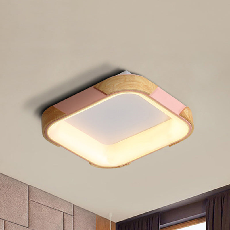 Macaron Square Flush Light Grey/White/Pink Wood LED Ceiling Light Fixture in Warm/White Light, 14"/18"/24" Wide Pink Warm Clearhalo 'Ceiling Lights' 'Close To Ceiling Lights' 'Close to ceiling' 'Flush mount' Lighting' 311725