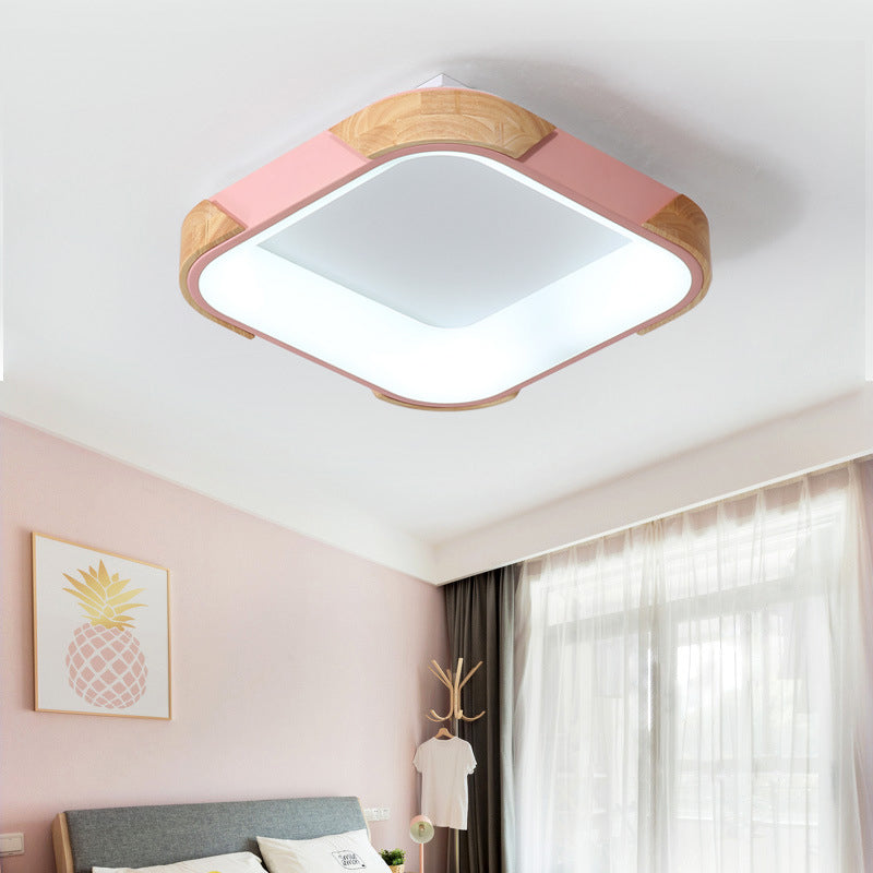 Macaron Square Flush Light Grey/White/Pink Wood LED Ceiling Light Fixture in Warm/White Light, 14"/18"/24" Wide Pink White Clearhalo 'Ceiling Lights' 'Close To Ceiling Lights' 'Close to ceiling' 'Flush mount' Lighting' 311726