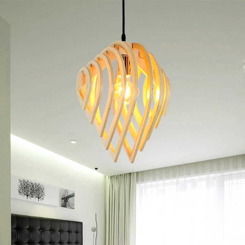 1 Bulb Bedroom Ceiling Lighting Asian Beige Hanging Light Fixture with Laser Cut Wood Shade Wood Clearhalo 'Ceiling Lights' 'Pendant Lights' 'Pendants' Lighting' 313434_c6974d9f-be2e-441b-a3ae-1c657e6239b0