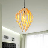 1 Bulb Bedroom Ceiling Lighting Asian Beige Hanging Light Fixture with Laser Cut Wood Shade Clearhalo 'Ceiling Lights' 'Pendant Lights' 'Pendants' Lighting' 313434