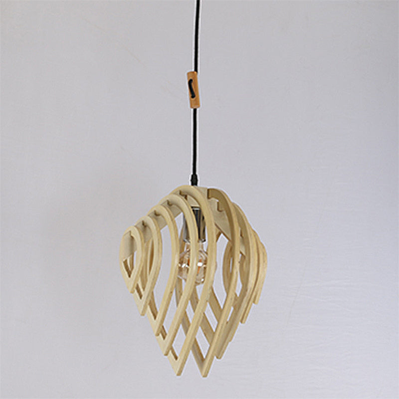 1 Bulb Bedroom Ceiling Lighting Asian Beige Hanging Light Fixture with Laser Cut Wood Shade Clearhalo 'Ceiling Lights' 'Pendant Lights' 'Pendants' Lighting' 313435