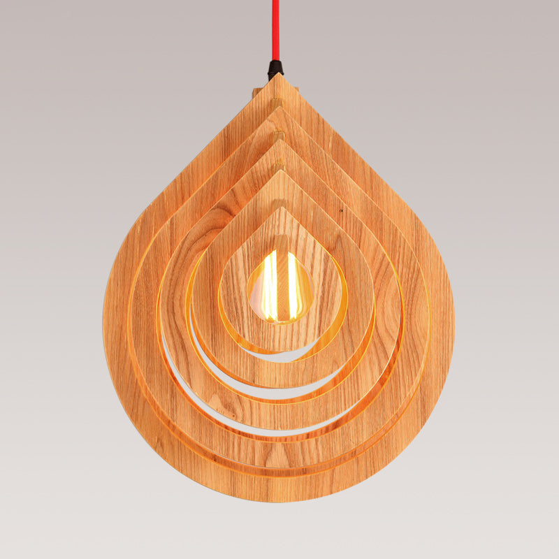 1 Bulb Living Room Ceiling Light Asia Beige Suspended Lighting Fixture with Droplet Wood Shade Clearhalo 'Ceiling Lights' 'Pendant Lights' 'Pendants' Lighting' 313472