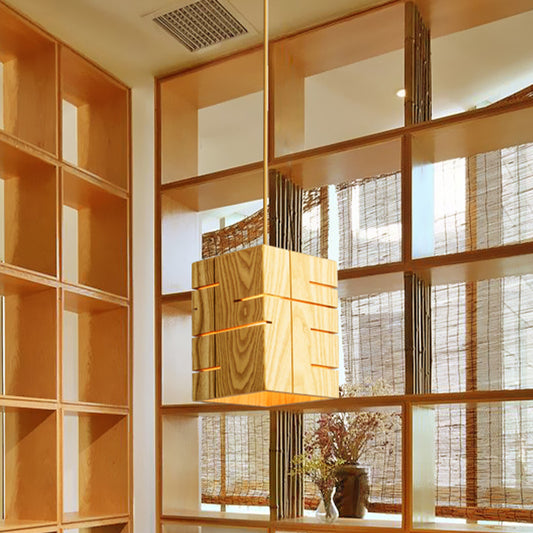 1 Head Restaurant Pendant Lamp Modern Beige Ceiling Hanging Light with Rectangular Wood Shade Clearhalo 'Ceiling Lights' 'Pendant Lights' 'Pendants' Lighting' 313509