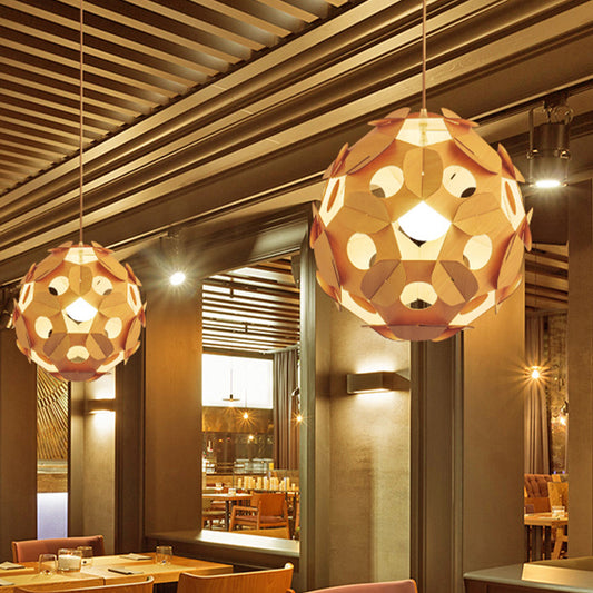 1 Bulb Restaurant Ceiling Lamp Modernism Beige Hanging Light Fixture with Ball Wood Shade Clearhalo 'Ceiling Lights' 'Pendant Lights' 'Pendants' Lighting' 313550
