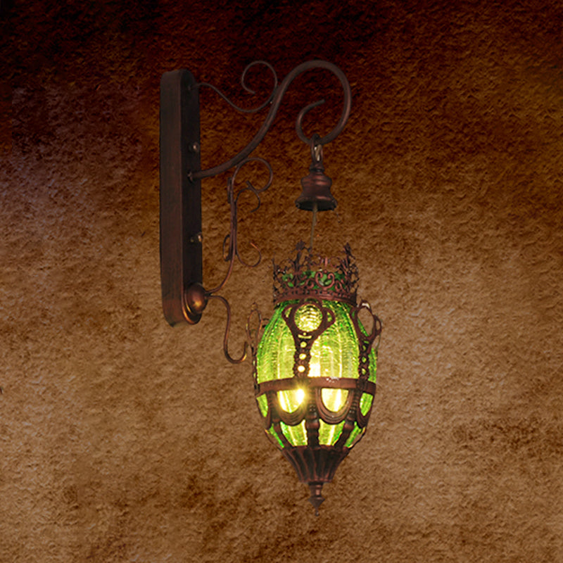 Tiffany Urn Wall Mounted Lighting 1 Light Red/Yellow/Blue Glass Sconce in Bronze for Restaurant Green Clearhalo 'Wall Lamps & Sconces' 'Wall Lights' Lighting' 313962