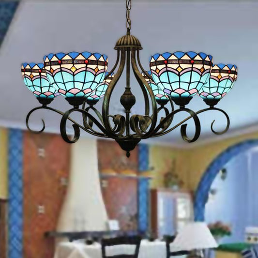 Domed Blue Stained Glass Ceiling Chandelier Mediterranean 3/6/8 Lights Bedroom Pendant Lamp in Black, 25.5"/34"/37.5" W Blue 34" Clearhalo 'Ceiling Lights' 'Chandeliers' 'Industrial' 'Middle Century Chandeliers' 'Tiffany Chandeliers' 'Tiffany close to ceiling' 'Tiffany' Lighting' 313974