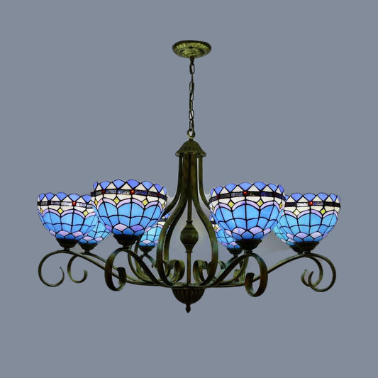 Domed Blue Stained Glass Ceiling Chandelier Mediterranean 3/6/8 Lights Bedroom Pendant Lamp in Black, 25.5"/34"/37.5" W Blue 37.5" Clearhalo 'Ceiling Lights' 'Chandeliers' 'Industrial' 'Middle Century Chandeliers' 'Tiffany Chandeliers' 'Tiffany close to ceiling' 'Tiffany' Lighting' 313977