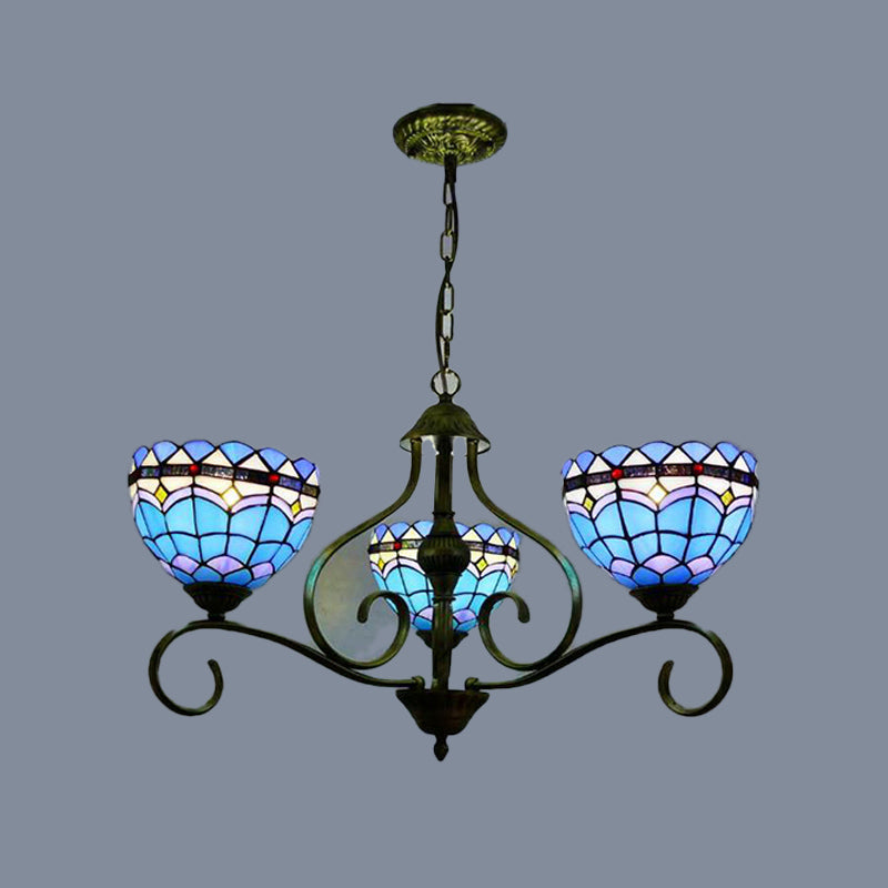 Domed Blue Stained Glass Ceiling Chandelier Mediterranean 3/6/8 Lights Bedroom Pendant Lamp in Black, 25.5"/34"/37.5" W Blue 25.5" Clearhalo 'Ceiling Lights' 'Chandeliers' 'Industrial' 'Middle Century Chandeliers' 'Tiffany Chandeliers' 'Tiffany close to ceiling' 'Tiffany' Lighting' 313979