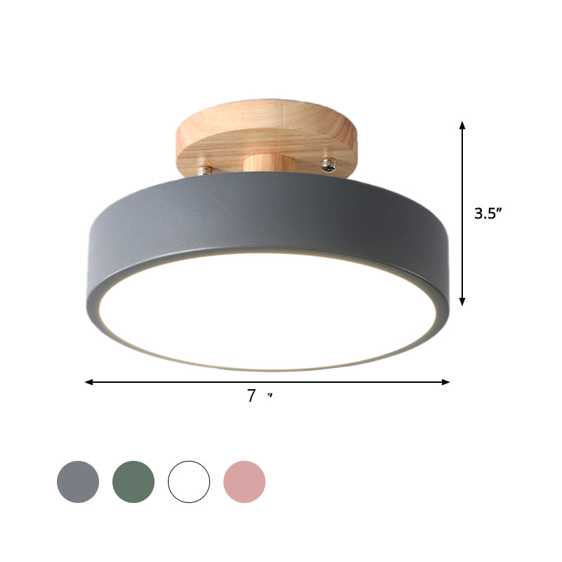 Iron Drum Flushmount Nordic White/Green/Grey Finish LED Semi Close to Ceiling Light with Wood Canopy for Corridor Clearhalo 'Ceiling Lights' 'Close To Ceiling Lights' 'Close to ceiling' 'Semi-flushmount' Lighting' 314