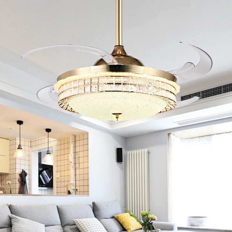 Gold Finish Semi Flush Light with Fan Modernity LED 8-Blade 6-Wind Speed Downrod Ceiling Fan with Dome Acrylic Shade Clearhalo 'Ceiling Fans with Lights' 'Ceiling Fans' 'Modern Ceiling Fans' 'Modern' Lighting' 314065