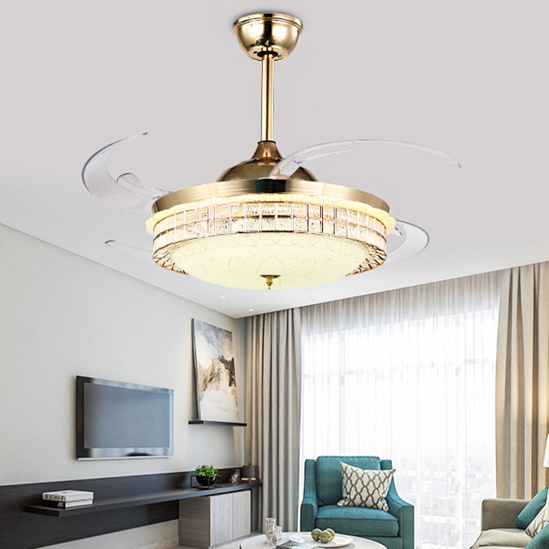 Gold Finish Semi Flush Light with Fan Modernity LED 8-Blade 6-Wind Speed Downrod Ceiling Fan with Dome Acrylic Shade Clearhalo 'Ceiling Fans with Lights' 'Ceiling Fans' 'Modern Ceiling Fans' 'Modern' Lighting' 314066