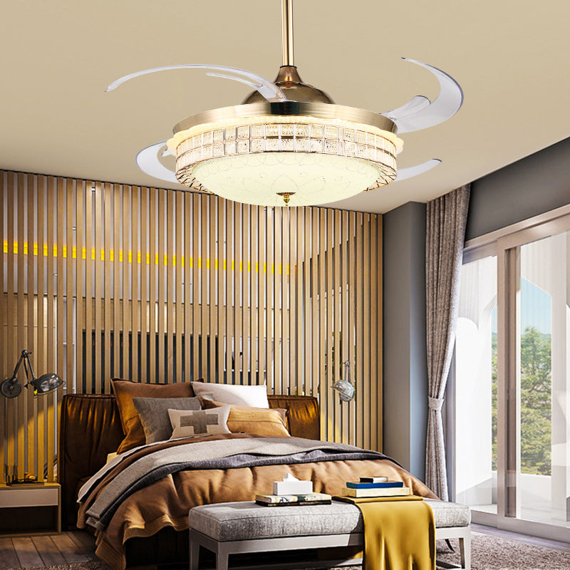Gold Finish Semi Flush Light with Fan Modernity LED 8-Blade 6-Wind Speed Downrod Ceiling Fan with Dome Acrylic Shade Clearhalo 'Ceiling Fans with Lights' 'Ceiling Fans' 'Modern Ceiling Fans' 'Modern' Lighting' 314067
