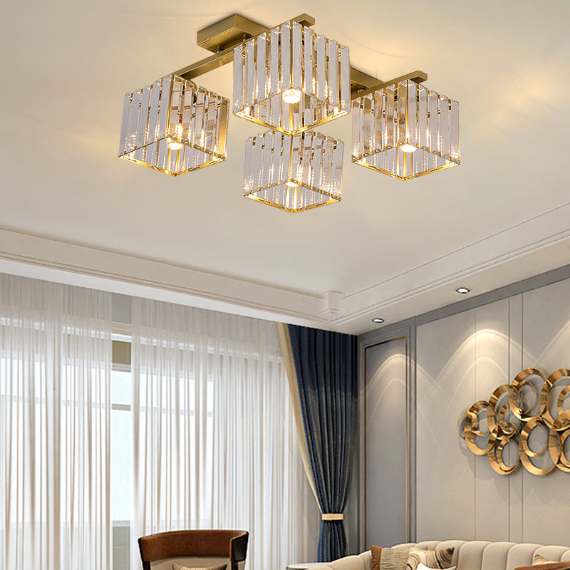 Modern Square Semi Flush Mount Tri-Sided Crystal Rod 4/6/9 Lights Living Room Ceiling Fixture in Gold/Black 4 Gold Clearhalo 'Ceiling Lights' 'Close To Ceiling Lights' 'Close to ceiling' 'Flush mount' Lighting' 314091