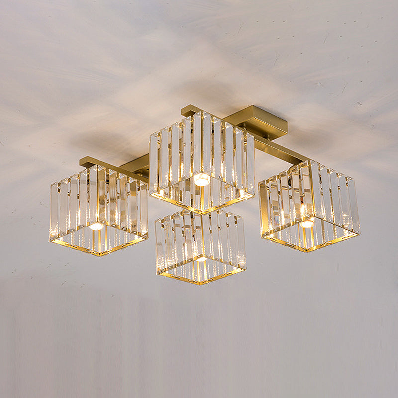 Modern Square Semi Flush Mount Tri-Sided Crystal Rod 4/6/9 Lights Living Room Ceiling Fixture in Gold/Black Clearhalo 'Ceiling Lights' 'Close To Ceiling Lights' 'Close to ceiling' 'Flush mount' Lighting' 314092