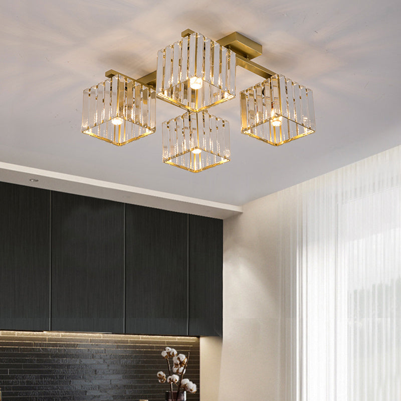 Modern Square Semi Flush Mount Tri-Sided Crystal Rod 4/6/9 Lights Living Room Ceiling Fixture in Gold/Black Clearhalo 'Ceiling Lights' 'Close To Ceiling Lights' 'Close to ceiling' 'Flush mount' Lighting' 314093