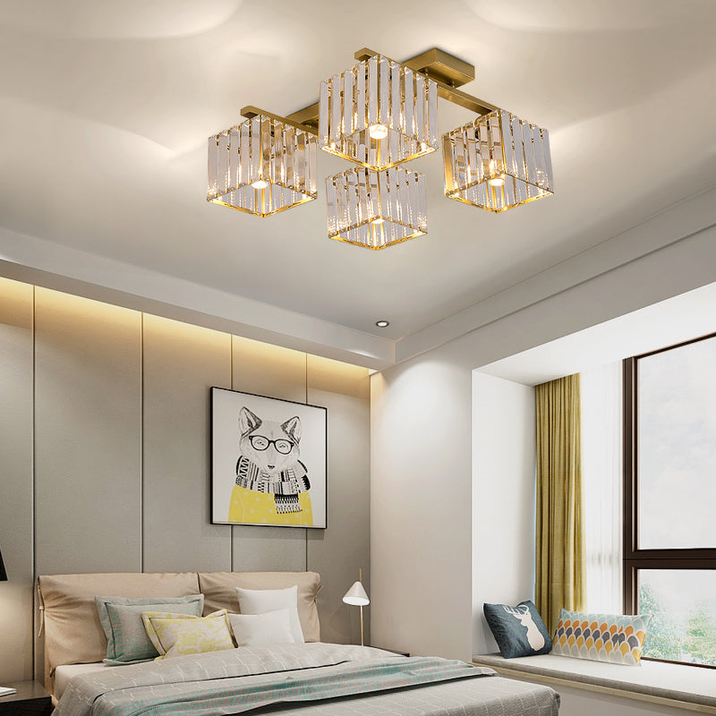 Modern Square Semi Flush Mount Tri-Sided Crystal Rod 4/6/9 Lights Living Room Ceiling Fixture in Gold/Black Clearhalo 'Ceiling Lights' 'Close To Ceiling Lights' 'Close to ceiling' 'Flush mount' Lighting' 314094