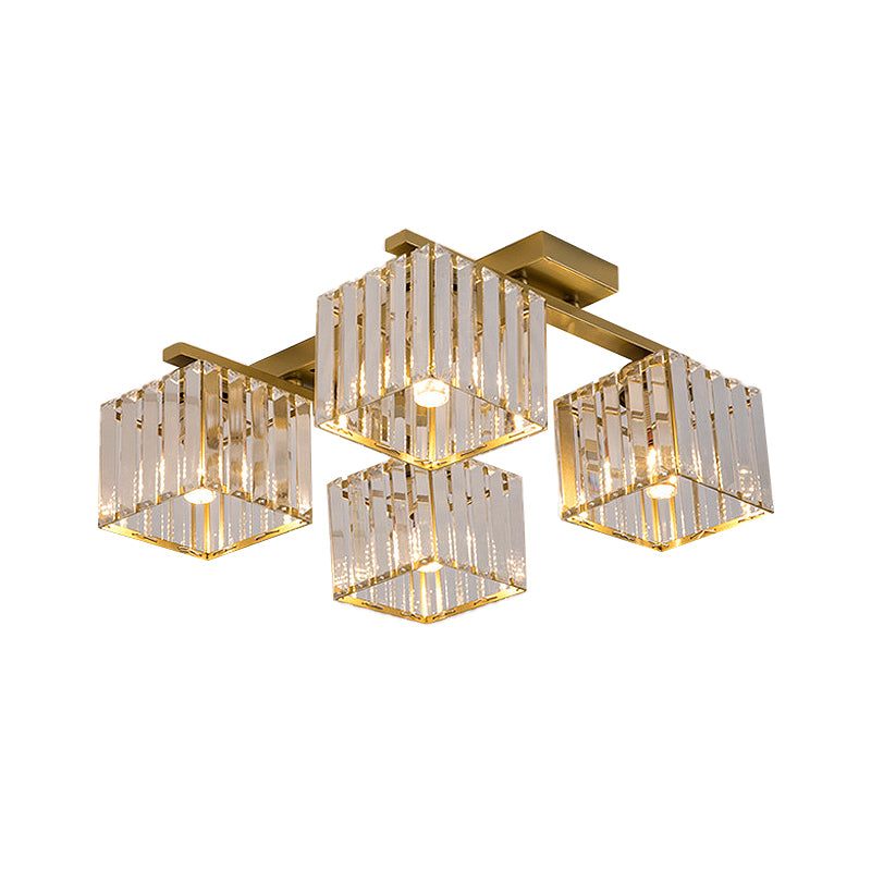 Modern Square Semi Flush Mount Tri-Sided Crystal Rod 4/6/9 Lights Living Room Ceiling Fixture in Gold/Black Clearhalo 'Ceiling Lights' 'Close To Ceiling Lights' 'Close to ceiling' 'Flush mount' Lighting' 314095