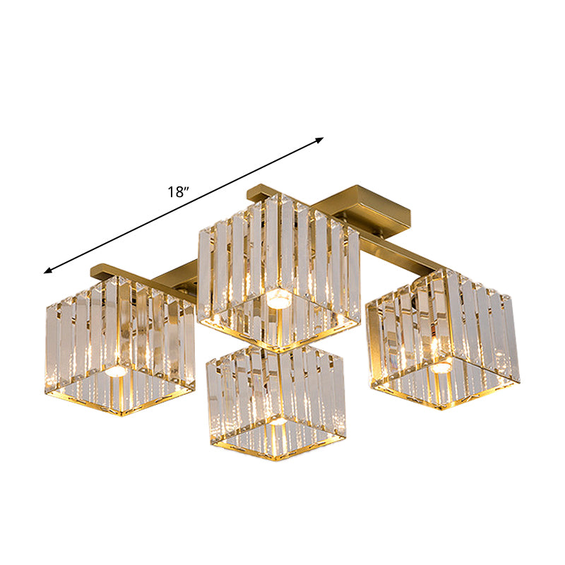 Modern Square Semi Flush Mount Tri-Sided Crystal Rod 4/6/9 Lights Living Room Ceiling Fixture in Gold/Black Clearhalo 'Ceiling Lights' 'Close To Ceiling Lights' 'Close to ceiling' 'Flush mount' Lighting' 314096