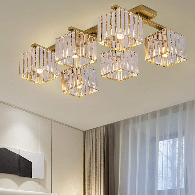 Modern Square Semi Flush Mount Tri-Sided Crystal Rod 4/6/9 Lights Living Room Ceiling Fixture in Gold/Black 6 Gold Clearhalo 'Ceiling Lights' 'Close To Ceiling Lights' 'Close to ceiling' 'Flush mount' Lighting' 314097