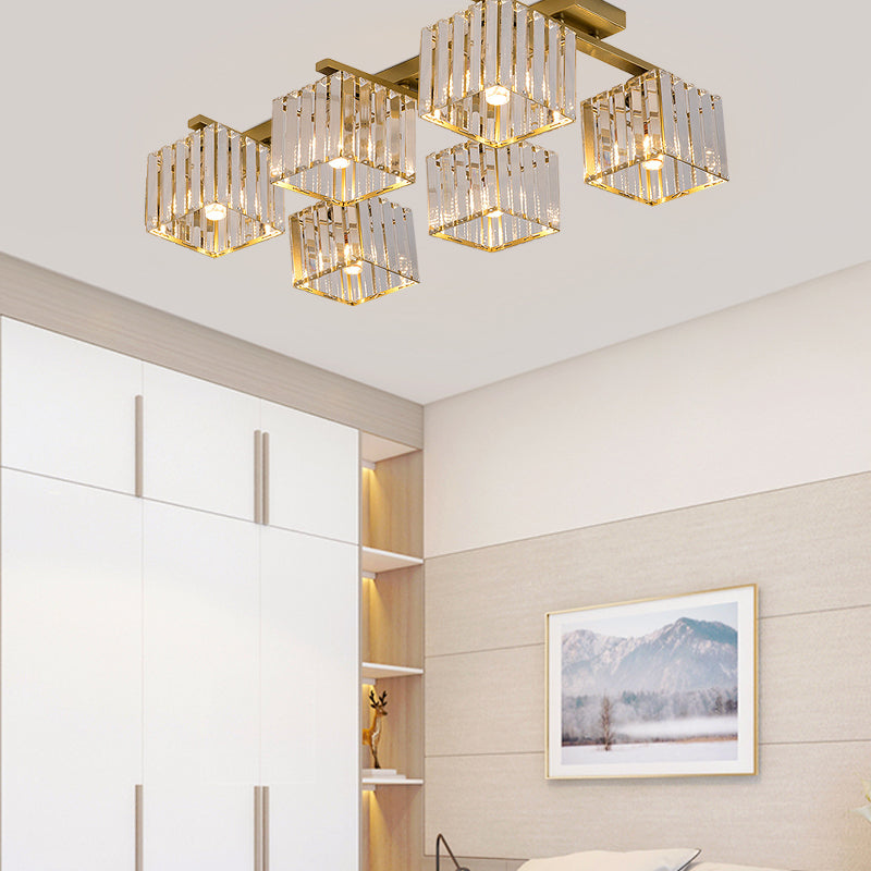 Modern Square Semi Flush Mount Tri-Sided Crystal Rod 4/6/9 Lights Living Room Ceiling Fixture in Gold/Black Clearhalo 'Ceiling Lights' 'Close To Ceiling Lights' 'Close to ceiling' 'Flush mount' Lighting' 314098