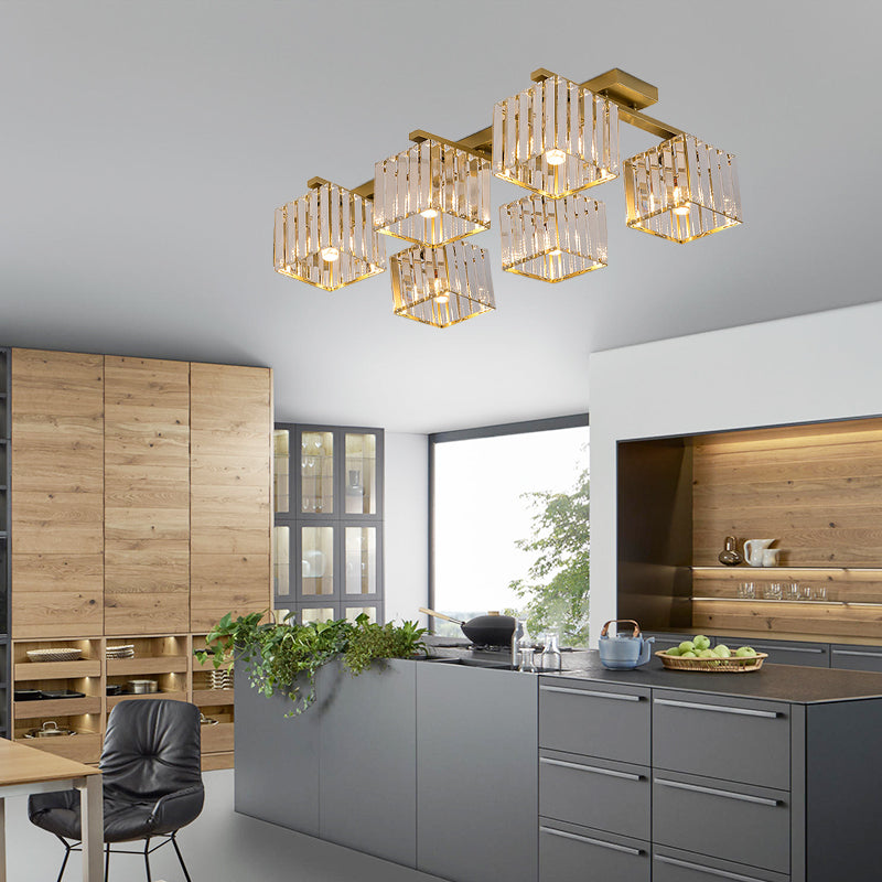 Modern Square Semi Flush Mount Tri-Sided Crystal Rod 4/6/9 Lights Living Room Ceiling Fixture in Gold/Black Clearhalo 'Ceiling Lights' 'Close To Ceiling Lights' 'Close to ceiling' 'Flush mount' Lighting' 314100