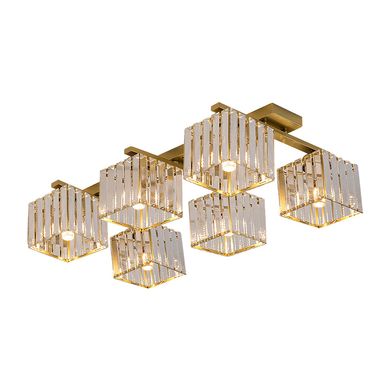 Modern Square Semi Flush Mount Tri-Sided Crystal Rod 4/6/9 Lights Living Room Ceiling Fixture in Gold/Black Clearhalo 'Ceiling Lights' 'Close To Ceiling Lights' 'Close to ceiling' 'Flush mount' Lighting' 314101