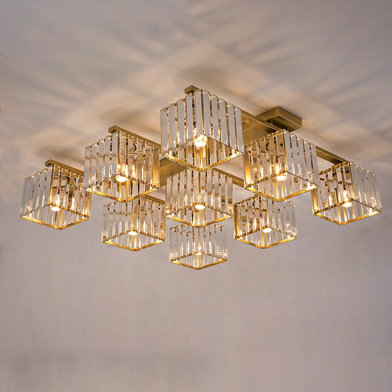 Modern Square Semi Flush Mount Tri-Sided Crystal Rod 4/6/9 Lights Living Room Ceiling Fixture in Gold/Black 9 Gold Clearhalo 'Ceiling Lights' 'Close To Ceiling Lights' 'Close to ceiling' 'Flush mount' Lighting' 314103